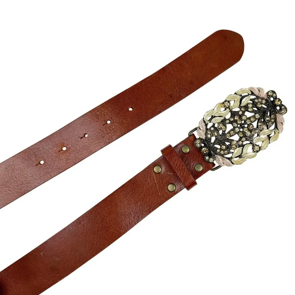 CAbi Floral Filigree Statement Buckle Leather Belt Brown Size M Boho Western